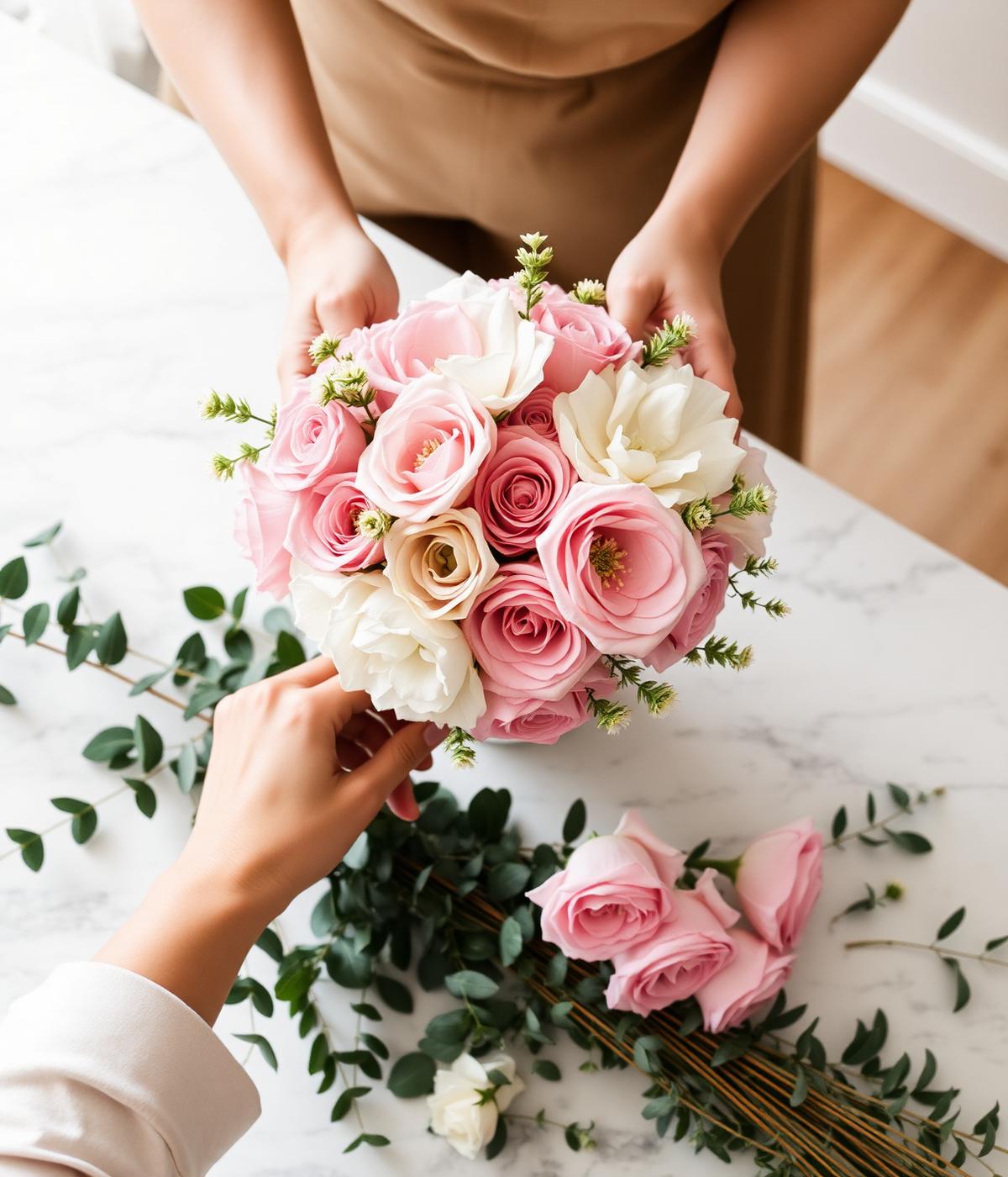Florist hand-arranging a premium bouquet
